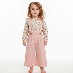 Long Sleeves Floral Blouse & Suspenders Pant Set Girls 4T